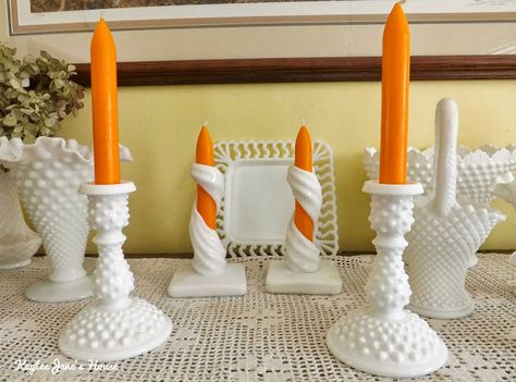 Milk Glass collection by Kayteejane's House Milk Glass Candle Holders, Orange Candles, Milk Glass Decor, Glass Wear, Milk Glass Collection, Thrift Flips, Orange Candle, Autumn Home Decor, Fall Stuff