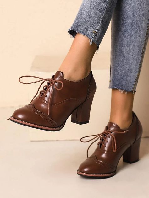 Lace-Up Front Chunky Heeled Oxfords | SHEIN USA Oxford Heels Outfit, Heeled Oxfords, Clothes Combination, Oxford Shoes Heels, Oxford Pumps, Color Block Heels, Brown Loafers, Elevated Style, Oxford Heels