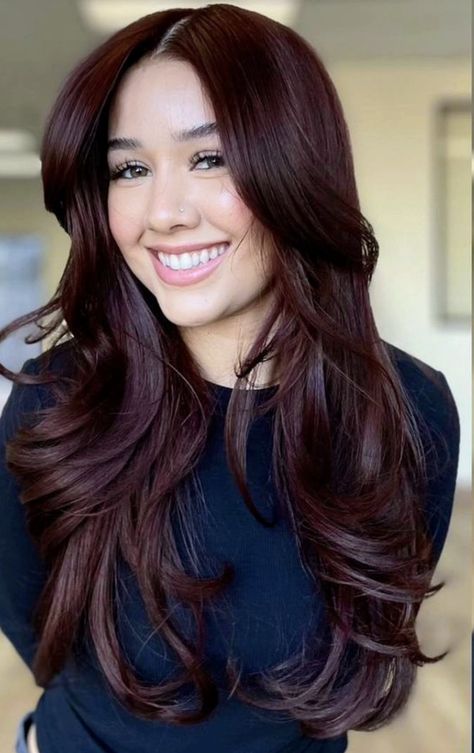 Pretty Brown Hair Colors Pale Skin, Cherry Red Hair With Shadow Root, Blackberry Brown Hair, Chocolate Brown Hair With Red Undertones, Cheery Red Hair Colour, Intense Auburn Hair Color, Cherry Mocha Hair, Dark Brown To Red Hair, Red Dark Brown Hair