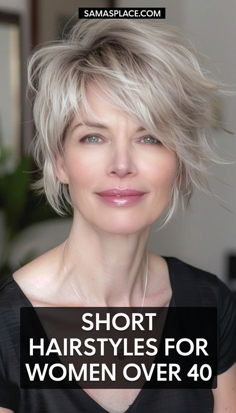 Short hairstyles for women over 40 with soft wispy bangs for a gentle, flattering look. Soft Wispy Bangs, Brunette Pixie Cut, Soft Vibe, Platinum Blonde Pixie, Brunette Pixie, Blonde Updo, Grey Bob, Brunette Bob, Textured Pixie Cut