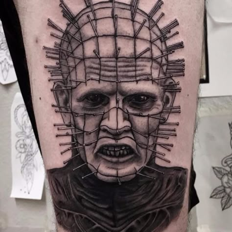 Pinhead Tattoo, Hellraiser Tattoo, Medium Tattoos, Horror Movie Tattoos, Movie Tattoo, Movie Tattoos, Explore Tattoo, Sick Tattoo, Portrait Face