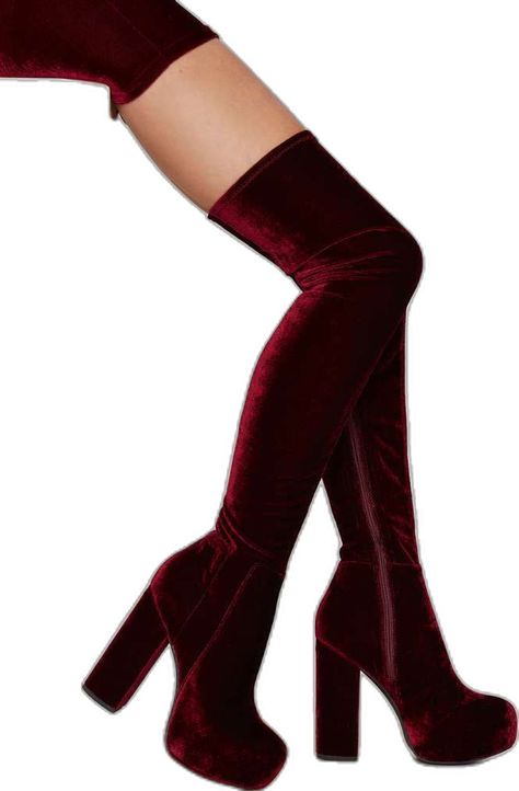 Red Heels Prom, Dark Red Boots, Red Velvet Boots, Velvet Thigh High Boots, Red Heel Boots, Pretty Boots, Velvet High Heels, Pia Mia, Thigh High Heels