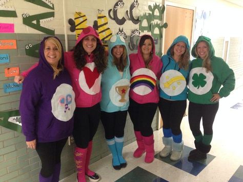 Halloween costume group teacher costumes care bears | Montessori ... Teacher Halloween Costumes Group, Care Bears Halloween Costume, Team Halloween Costumes, Girl Group Halloween Costumes, Office Halloween Costumes, Teacher Costume, Best Diy Halloween Costumes, Best Group Halloween Costumes, Halloween Costumes For Work