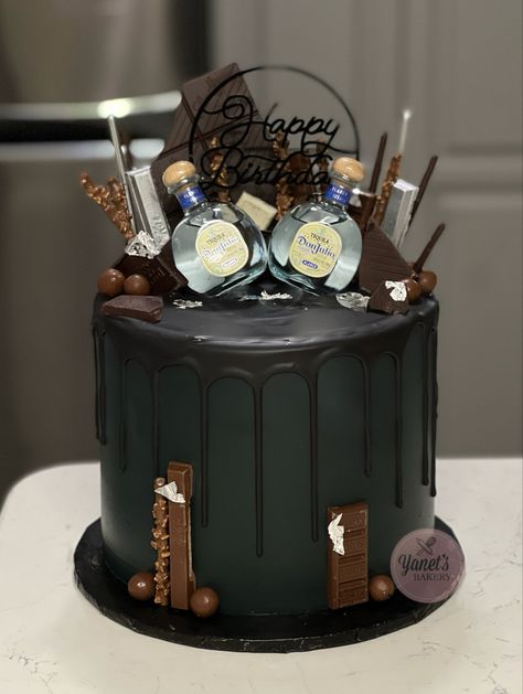 Red velebt cake in all balck icing wiht a black chocolate drip topped wiht chocolates and mini don julio bottles! Black Drip Cake, Cakes For Guys, Tall Cake, Tall Cakes, Drip Cake, Bday Cake, Drip Cakes, Instagram A, Cake Decorating