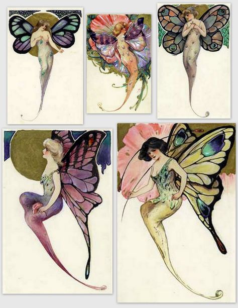 nouveau fairies with butterfly wings Fairy Wings Illustration, Modern Postcard, Art Nouveau Poster, Vintage Fairies, Butterfly Fairy, Arte Inspo, Fairy Wings, Fairy Angel, Fairy Art