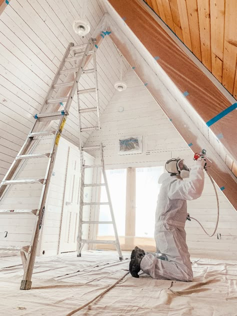 Painting the Wood Walls and Toning/De-Oranging the Beams at our A-frame - Chris Loves Julia Painted Pine Walls, Knotty Pine Ceiling, Painted Wood Ceiling, Knotty Pine Walls, White Washed Pine, White Wash Walls, White Cabin, Tongue And Groove Walls, Cabin Remodel