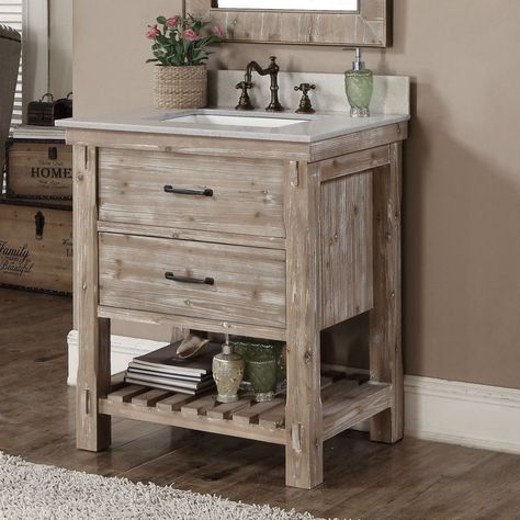 Infurniture Rustic Style Brown Recycled Fir and Quartz Marble 30-inch Single-sink Bathroom Vanity (Quartz White Top Vanity, no faucet), Size Single Vanities Bathroom Vanity Trends, 48 Inch Bathroom Vanity, 30 Inch Bathroom Vanity, Rustic Vanity, Rustic Bathroom Vanities, Rustic Bathrooms, White Vanity Bathroom, Double Bathroom Vanity, Single Sink Bathroom Vanity