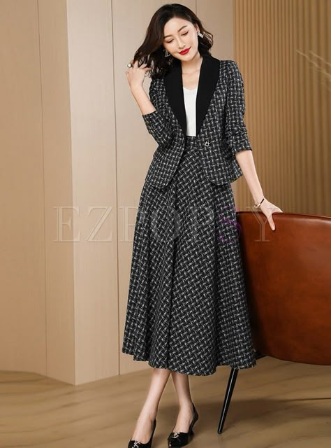 Formal Chic Dress, Formal Skirts Long, Tweed Blazer Skirt Outfit, Women's Blazer Outfit, Tweed Long Dress, Suit And Skirt For Women, Formal Long Skirt Outfit, Long Skirt Outfits Formal, Formal Outfits For Women Dress