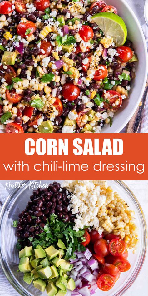 This corn salad is made with fresh sweet corn, black beans, avocado, tomatoes and a zesty chili-lime dressing. Grilling the corn brings a lovely smoky flavor to the salad, but if you don't have a grill you can boil the corn. I love serving this salad at summer BBQ's! Serve it as a side dish, a main dish (add steak, shrimp or chicken for protein), or appetizer with tortilla chips for scooping. Summer Fresh Recipes, Summer Salad Recipes Healthy Easy, Black Bean And Corn Salads, Summer Sides For Bbq, Salads For Potlucks, Corn Black Bean Salad Recipe, Summer Side Salads, Corn Salad With Black Beans, Black Bean Corn Avocado Salad