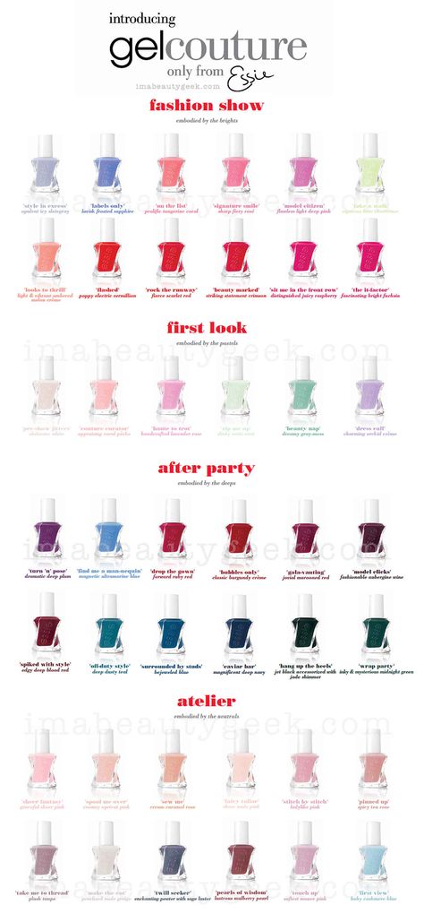 Essie Gel Couture shade chart                                                                                                                                                                                 More Essie Gel Couture Swatches, Essie Colors, Pallas Couture, Essie Nail Colors, Givenchy Couture, Essie Gel Couture, Dress Couture, Elie Saab Couture, Gel Couture