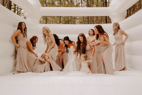 Wedding white bounce house with bridesmaids White Bouncy House, Wedding Bounce House, White Bounce House, Bouncy House, Wedding White, Bounce House, Wedding Mood Board, Wedding Mood, House Wedding