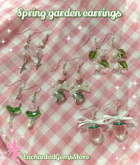 Coquette Earrings, Cottagecore Strawberry, Fairycore Earrings, Earrings Strawberry, Fairycore Jewelry, Strawberry Jewelry, Earrings Cottagecore, Garden Earrings, Bow Earring