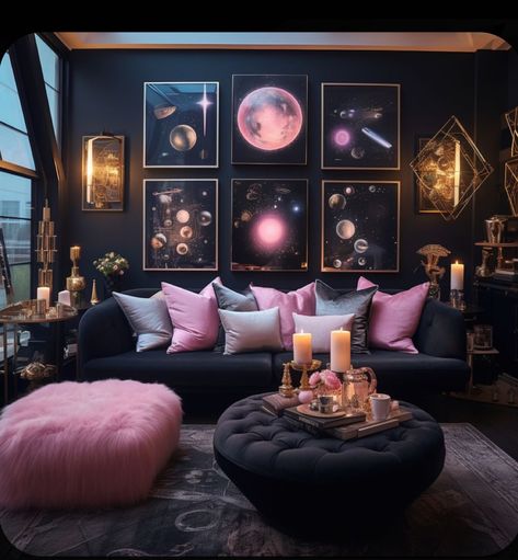 Glam Maximalist Living Room, Sapphire Room Aesthetic, Pink Gothic Living Room, Airbnb Decor Room Ideas Theme, Black Home Interior Aesthetic, Pink Celestial Bedroom, Gothic Glam Home Decor, All Pink Decor, Glam Witch Decor