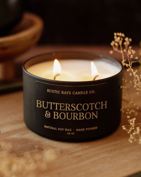 This Butterscotch & Bourbon soy candle has a sweet aroma of butterscotch with a touch of boozy bourbon. Enticing notes of butterscotch and brown sugar are followed by subtle hints of aged bourbon and oak, making this a cozy Fall fragrance. Their signature matte black vessels hold two wicks with superior scent, making them wildly popular. Whether you want to add some ambiance to your home or the final touch of luxury to any setting, these candles provide an unparalleled experience every time.BUTTERSCOTCH & BOURBON FRAGRANCE NOTESButterscotch / Bourbon / Oak / Brown SugarMADE WITH SIMPLE INGREDIENTS100% pure soy wax, phthalate free premium fragrance oils, and lead and zinc free cotton wicks.The fragrances used are phthalate free, paraben free, vegan, not tested on animals, and are leaping bu Popular Candles, Essential Oil Reed Diffuser, Fall Fragrance, Creative Candles, Black Candles, Fall Candles, Tin Candles, Luxury Candles, Final Touch