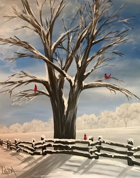 Cardinal Acrylic Painting, Tree Painting Canvas, Winter Landscape Painting, Christmas Paintings On Canvas, Winter Painting, Creative Painting, Winter Art, Acrylic Painting On Canvas, Christmas Paintings