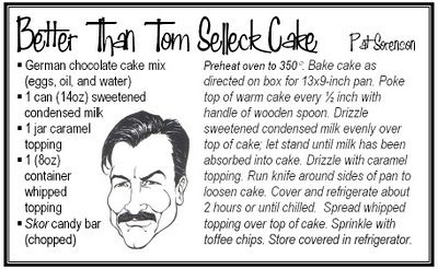 Tom Selleck Cake, Tom Selleck Cake Recipe, Tom Selleck Movies, Boxed Cake Mixes Recipes, German Chocolate Cake Mix, Low Fat Desserts, Boxed Cake, Cake Mixes, Poke Cakes