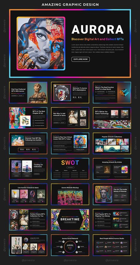 Aurora - NFT Creative Digital Marketplace PowerPoint Template has a professional, ultra-modern and unique design, where each slide is created with love and attention to detail. So, Grab it Fast! 😀 Product Powerpoint Presentation, Slide Presentation Template, Ppt Template Design, Creative Post, Powerpoint Layout, Presentation Design Layout, Slides Design, Design Layouts, Ppt Design