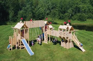 A kid's dreamland, customized by Walpole Woodworkers Kids Playset Outdoor, Kids Play Set, Cool Tree Houses, Outdoor Play Area, Playset Outdoor, Jungle Gym, Play Structure, Backyard Playground, Backyard Play