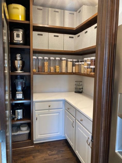 Small Pantry With Cabinets, Pantry With Bottom Cabinets, Pantree Ideas, Pantry Lower Cabinets Upper Shelves, Pantry With Cabinets And Counter, Pantry With Appliance Counter, Pantry Cabinet Ideas, Pantry Redo, Pantry Renovation