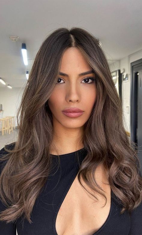 One Colour Hair Brown, Dark To Medium Brown Balayage, Brown Hair Colors Neutral, One Tone Hair Color Ash Brown, Ash Brown Hair Color For Morena, Brown Tone On Tone Balayage, Natural Ash Brown Balayage, Natural Balayage On Dark Brown Hair, One Color Brown Hair Brunettes