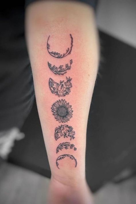 Floral Moon Phases Tattoo, Floral Moon Phases, Moon Phase Tattoo, Phase Tattoo, Moon Cycle Tattoo, Forearm Tattoo Designs, Forearm Tattoo Ideas, About Moon, Moon Phases Tattoo