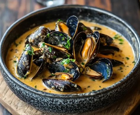 Mussels in White Wine Sauce Carrabas Mussels Recipe, White Wine Mussels Recipes, Half Shell Mussels Recipe, Cajun Mussels, White Wine Mussels, Mussels Recipe White Wine, Mussels In White Wine Sauce, Gourmet Plating, Mussels In White Wine