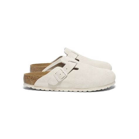 The BIRKENSTOCK Boston clog in Antique White Suede is a veritable classic that can easily be worn all year round. With its additional foam layer, the soft footbed offers extra comfort and pampers feet – all day long. The nature-inspired design is evident from the soft suede upper, which hugs the foot like second skin. Original BIRKENSTOCK soft footbed; anatomically shaped. Upper: suede. Footbed lining: suede. Sole: EVA. Details: one strap with an individually adjustable metal pin buckle; soft footbed. Made in Germany SKU: 1027693 (Narrow Width) ALL SIZES ARE IN EUROPEAN SIZE White Birkenstock Clogs, Slides Birkenstock, Gold Birkenstocks, Mule Outfit, Boston Birkenstock, Boston Soft Footbed, White Birkenstocks, Birkenstock Clog, Sydney Sweeney