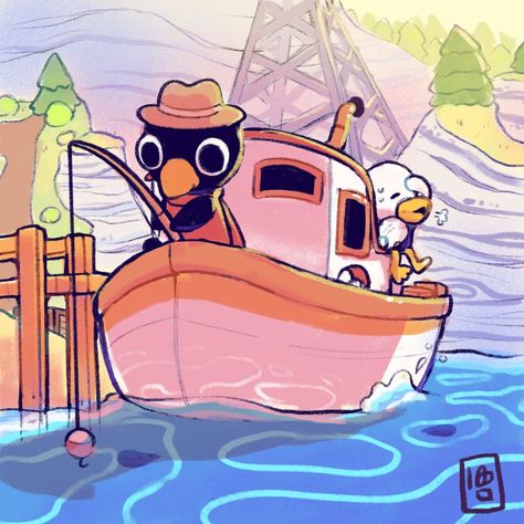 A Short Hike Game, Untitled Goose Game Fanart, A Short Hike Art, Duck Swimming Drawing, Duck Illustration Wallpaper, Duck Character Illustration, Duck Surfing Illustration, Video Game Concept Art, Kin Characters