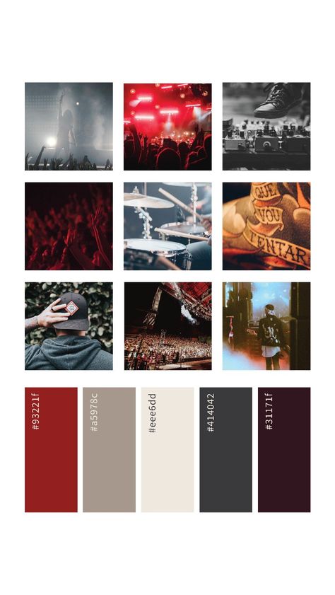 Band Color Palette, Funky Rooms, Masculine Color Palette, Rock And Roll Aesthetic, Concert Wedding, Poster Grafico, 27 Club, Rock Room, Brand Moodboard