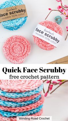 Quick and easy crochet face scrubby. Free crochet pattern by Winding Road Crochet. #crochetscrubby #crochetgift #crochetpattern Crochet Face Scrubby, Crochet Face Scrubbies, Scrubbies Crochet Pattern, Winding Road Crochet, Scrubby Yarn, Spiral Crochet, Crochet Scrubbies, Face Scrubbies, Dishcloth Crochet Pattern