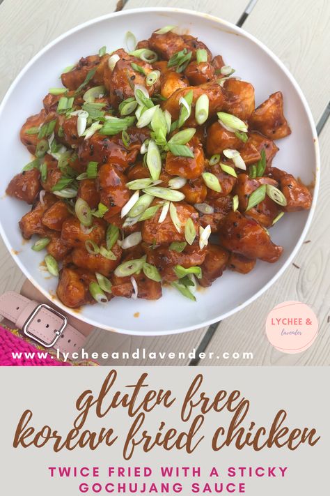 Learn how to make gluten free Korean fried chicken with this Korean fried chicken recipe! Crispy Korean fried chicken recipe from lychee and lavender will teach you how to make the crispiest gluten free fried chicken! Gluten free but craving some homemade KFC? Look no further than this gluten free Korean recipe in a honey soy sauce with gochujang and sambal. #glutenfree #glutenfreekoreanfriedchicken #koreanfriedchicken #koreanrecipes Gluten Free Korean Food, Gluten Free Asian Recipes, Gluten Free Asian, Korean Fried Chicken Recipe, Trendy Recipes, Celiac Recipes, Korean Recipe, Honey And Soy Sauce, Korean Fried Chicken