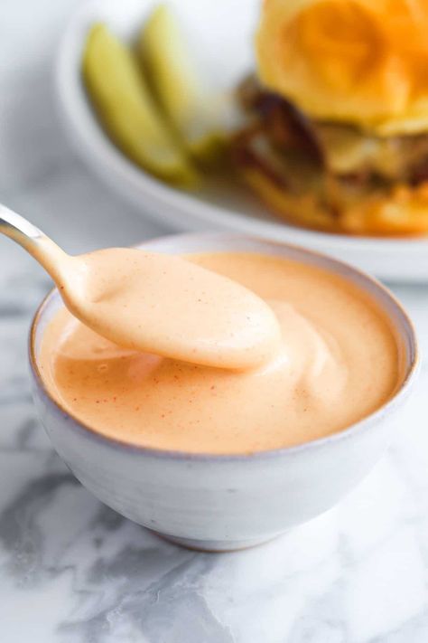 Our homemade burger sauce recipe is super simple and makes the most delicious, tangy, creamy sauce perfect for burgers! I bet you already have everything you need in your […] Hamburger Sauce Recipes, Special Sauce For Burgers, Spicy Burger Sauce, Homemade Burger Sauce, Burger Sauce Recipe, Balsamic Pork Chops, Hamburger Sauce, Inspired Taste, Burger Sauces Recipe