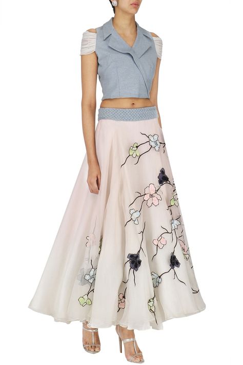 ESHAANI JAYASWAL White Applique Work Skirt with Denim Crop Top #eshaanijaiswal #white #applique #work #skirt #denim #croptop Work Skirt, Applique Work, Skirt Crop, Denim Crop Top, Work Skirts, Crop Top Skirt, Stylish Dresses For Girls, Designer Dresses Indian, Beautiful Skirts