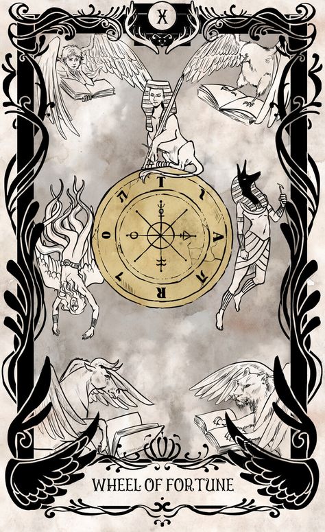 ArtStation - Tarot Card Design - Wheel of Fortune, Luminous July Tarot Cards Art Illustration, Wheel Of Fortune Tarot, Tarot Card Design, The Magician Tarot, Tarot Card Tattoo, Tarot Tattoo, Tarot Meanings, Tarot Cards Art, Card Tattoo