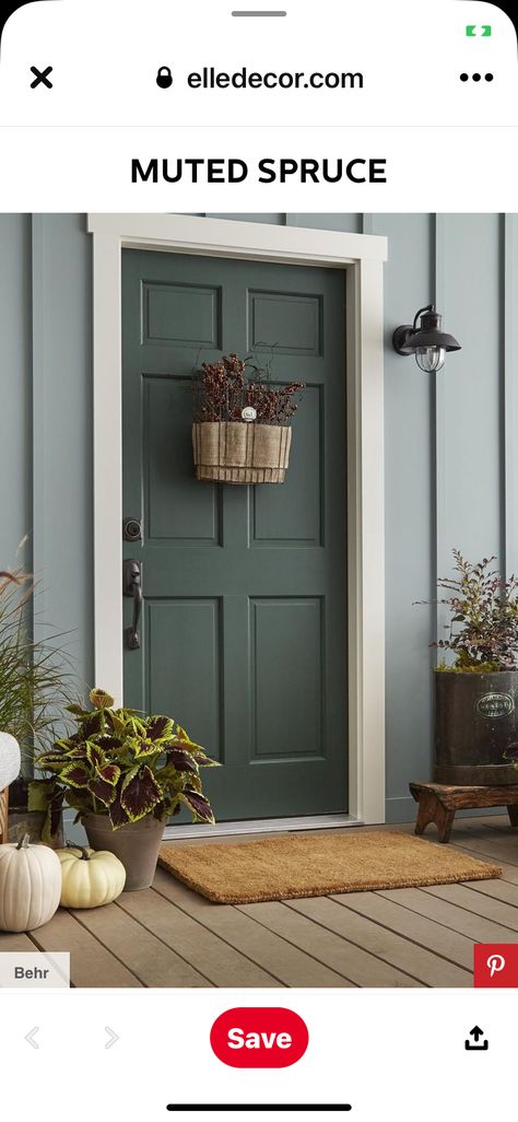 Dark Green Door, Brown House Front Door Color, Light Green House, Brown Shutters, Green Front Doors, Brown Doors, Behr Paint Colors, Brown House, Behr Paint