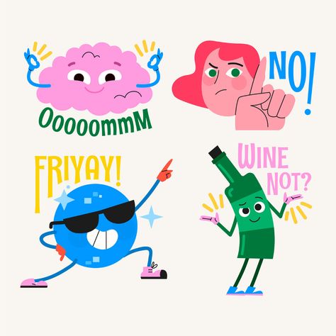 Flat illustration // v1 on Behance Illustration Design Graphique, Stickers Collection, Party Stickers, Posca Art, 캐릭터 드로잉, Flat Illustration, Illustration Character Design, Sticker Collection, Graphic Design Inspiration