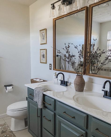 Blue Accent Bathroom, Navy Blue Farmhouse Bathroom, Small Full Bathroom, Full Bathroom, Blue Bathroom, Farmhouse Bathroom, Bathroom Cabinets, Guest Bath, Bathroom Renos