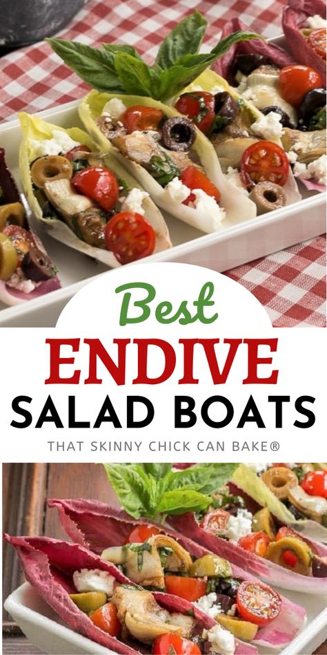 Salad Boats Appetizers, Endive Salad Bites, Endive Appetizers Boats, Healthy Summer Appetizers, Heart Healthy Appetizers, Feta Artichoke, Endive Appetizers, Salad Boats, Boat Snacks