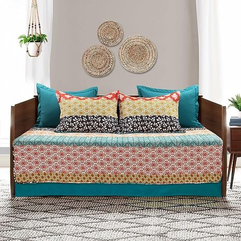 Amazon.com: Lush Decor Bohemian Stripe Quilted Cotton 6 Piece Cover Set, Daybed, Turquoise & Orange: Drawings Daybed Boho, Colorful Bedding Sets, Daybed Sets, Daybed Cover Sets, Artistic Patterns, Bed Cover Sets, Bohemian Rainbow, Bohemian Inspiration, Daybed Covers