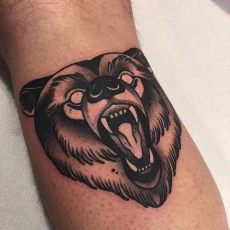 Original American Traditional Tattoos, Cool Bear Tattoos, Bear Hip Tattoo, Bear Knee Tattoo, Traditional Bear Tattoo, Grizzly Bear Tattoos, Black Bear Tattoo, Tattoo Bear, Mangas Tattoo