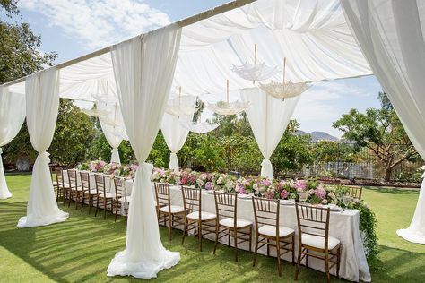 white-drapes-surrounding-long-bridal-shower-table-with-flower-table-runner-and-parasols-overhead Bridal Shower Photography, Backyard Bridal Showers, Outdoor Bridal Showers, Wedding Setup, Bridal Shower Decorations Diy, Bridal Shower Tables, Elegant Bridal Shower, Wedding Inside, Bridal Shower Brunch