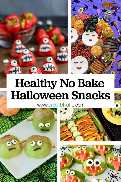 Halloween treats with a healthy twist! These 17 No Bake Healthy Halloween Treats are tasty and nutritious! Get the recipes at UrbanBlissLife.com. Halloween Treats For Kids Healthy, Health Halloween Treats, Halloween Treats Easy Healthy, Halloween No Bake Treats, Organic Halloween Treats, Halloween Healthy Treats, Halloween Healthy Snacks, Halloween Treats Healthy, Halloween Snacks Healthy