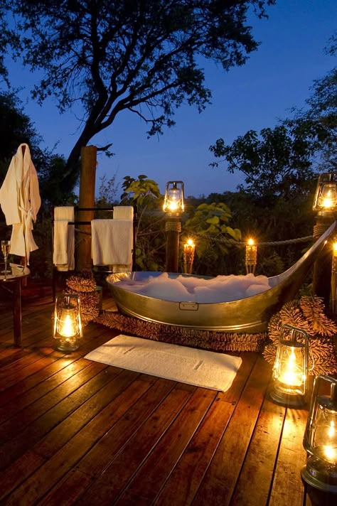 http://www.greeneratravel.com/ Trip Deals - Botswana. Find out the best underrated honeymoon destinations: Outdoor Hot Tub, Outdoor Bathtub, Outdoor Tub, Outdoor Baths, Restaurant Patio, Best Honeymoon Destinations, Outdoor Bath, Best Honeymoon, Outdoor Bathrooms