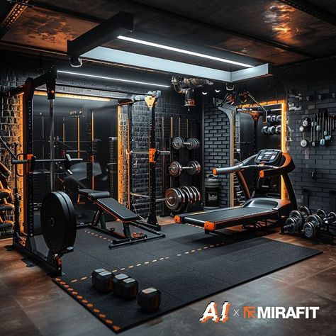 Home Martial Arts Gym, Small Gym Design Interior, Beautiful Home Gym, Black Garage Gym, Gym In House, Home Garage Gym Ideas, Garage Entertaining Space, Black Gym Interior, Half Garage Gym Ideas