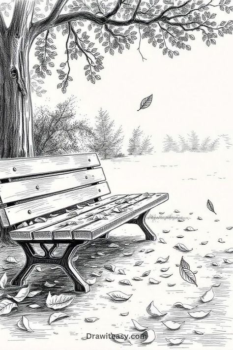 A detailed black-and-white sketch of a park bench under a tree with falling leaves. Park Bench Sketch, Autumn Sketch Ideas, Fall Drawings For Kids, Aesthetic Fall Drawings, Easy Autumn Paintings, Park Bench Drawing, Landscape Sketch Easy, Fall Sketches Drawing, Bench Sketch