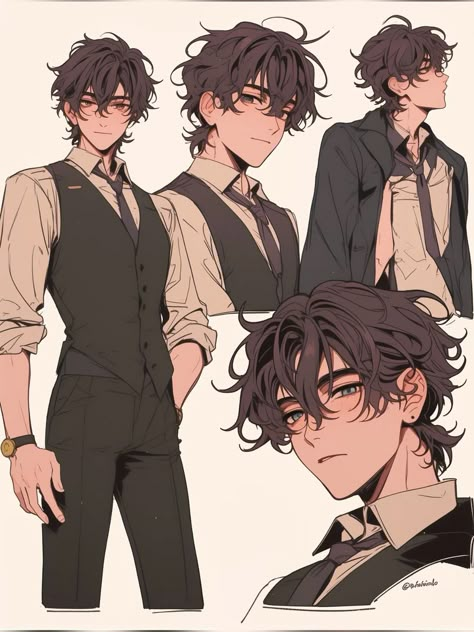 Oc Hairstyles Ideas Male, Sleeveless Turtleneck Drawing, Short Curly Hair Character Design, Male Oc Art Brown Hair, Male Art Poses Reference, Brown Haired Character, Anime Male Reference, Art Reference Poses Male, Character Poses Male