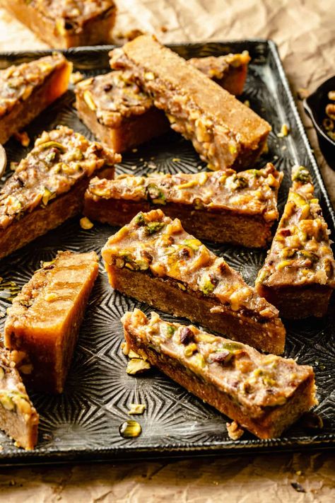 Baklava-Inspired Cookie Bars - The Defined Dish Baklava Cookie Bars, Food Polls, The Defined Dish, Defined Dish, Lebanese Desserts, Paleo Chocolate Chip Cookies, Fall Tea, Middle Eastern Desserts, Honey Caramel