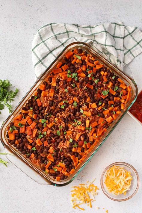 Black Bean and Sweet Potato Bake Beans And Sweet Potato, Sweet Potato Bake, Black Bean And Sweet Potato, Bean And Sweet Potato, Black Bean Casserole, Rice Black Beans, Sweet Potato And Black Bean, Dump And Bake, Sweet Potato Black Bean