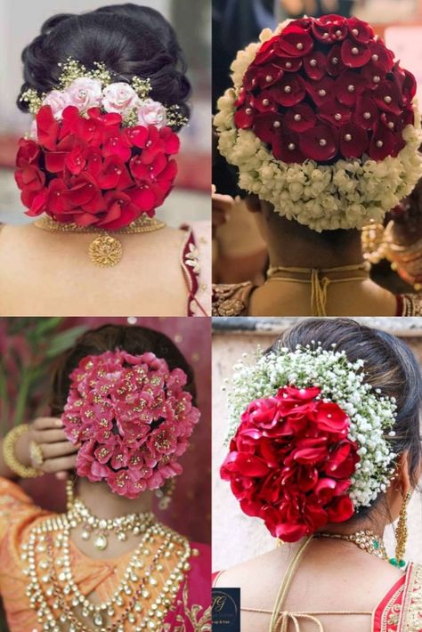 Using whole real flowers for the #bun is very common, but have you seen the #designs done with rose petals. #Rosepetals can be used as is, or can be matched with some other flowers as well. Here are a few design ideas…. #Threads Flower Bun Hairstyle, Floral Bun, Trendy Bun, Bun Ideas, Bridal Makeup Videos, Bridal Hair Decorations, Cool Hair Designs, Bridal Hairstyle Indian Wedding, Hairstyles For Ladies