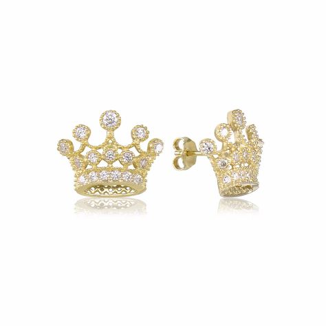 10K Solid Yellow Gold Cubic Zirconia Crown Stud Earrings • Metal: 10K Yellow Gold • Stone: Cubic Zirconia • Length: 14.0mm (0.6”) • Width: 11.2mm (0.5”) • Avg Weight: 1.8g • Fastening: Butterfly • Stamp: 10K • Complimentary Gift Box   Images may be enlarged to show details. Please read description. Gift Box Images, Gold Nugget Ring, Gold Earrings For Kids, Royal Women, Fire Jewelry, Crown Earrings, Butterfly Stamp, Butterfly Earrings Stud, Earrings Metal